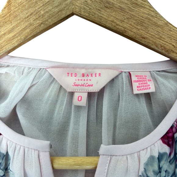 Ted Baker Women's Blouse Size 0 Floral Pink Chiffon Long Sleeve Top Chic - Picture 5 of 9